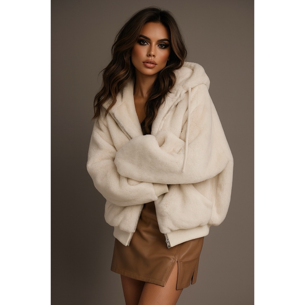 NWT Women's Cream Oversized Faux Fur Hooded Jacket With Pockets